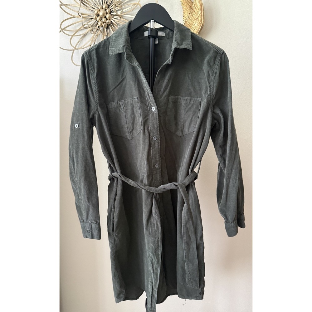 Lucky Brand Corduroy Shirt Dress Womens Size M Button Up Belted Forest Green